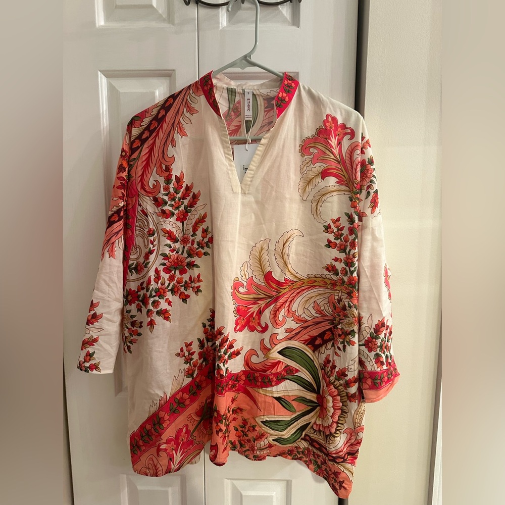 NWT Ethnic Cotton-Blend Floral Tunic – French Chic Boho Blouse, Size S